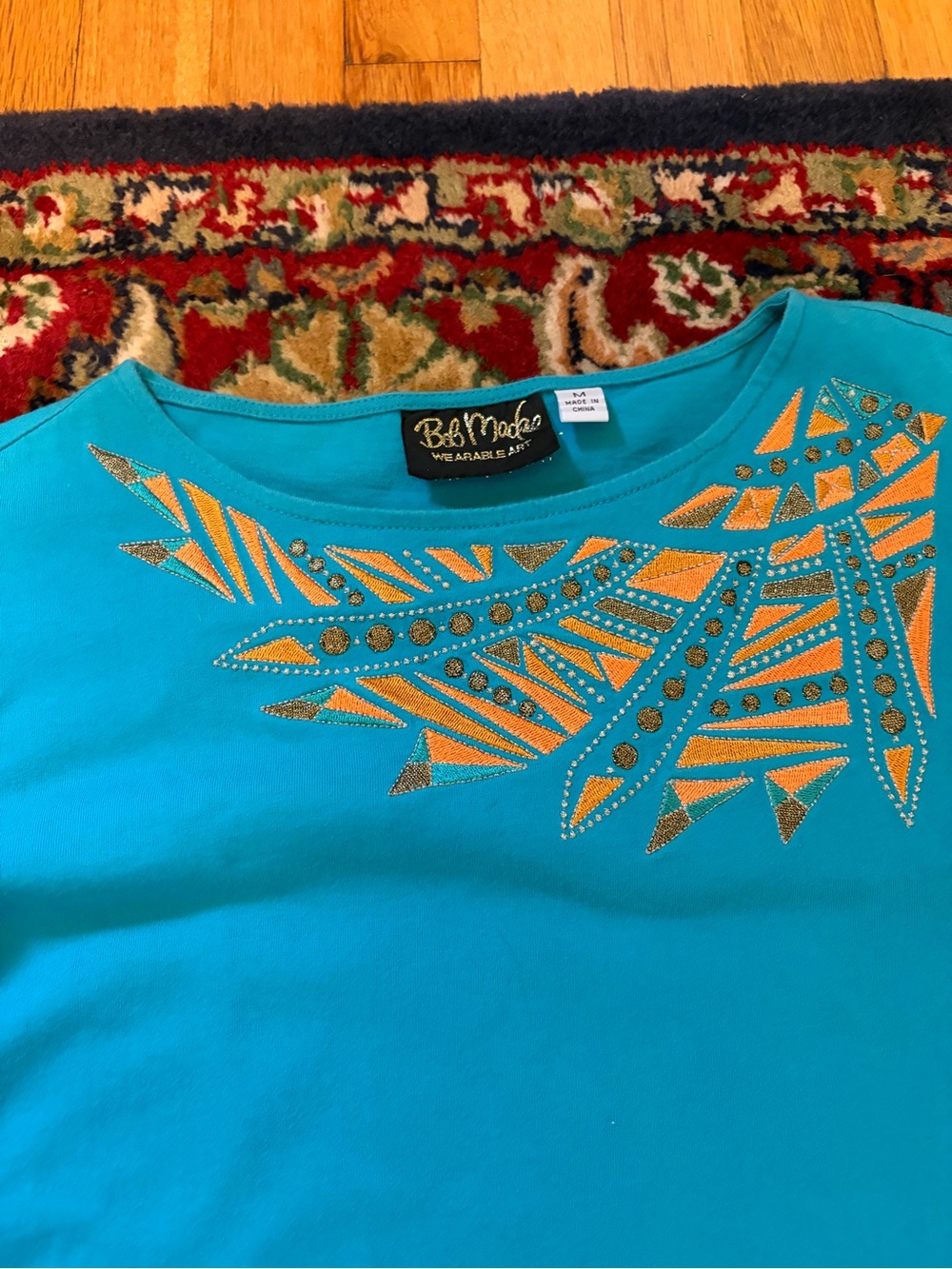 VINTAGE Bob Mackie Turquoise 3/4 Sleeve Top Wearable Art Orange & Gold Accents